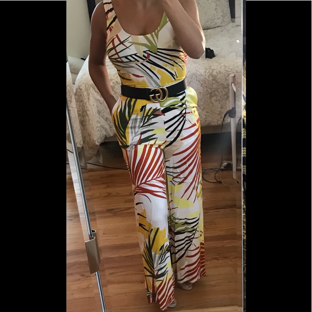 Leaf print wide leg jumpsuit